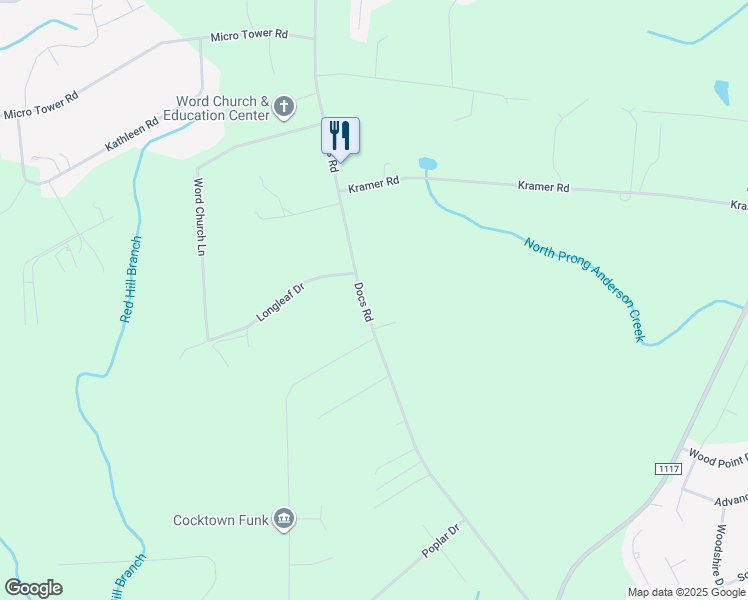 map of restaurants, bars, coffee shops, grocery stores, and more near 2245 Docs Road in Lillington