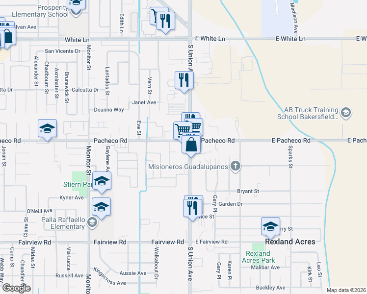 map of restaurants, bars, coffee shops, grocery stores, and more near 4901 South Union Avenue in Bakersfield