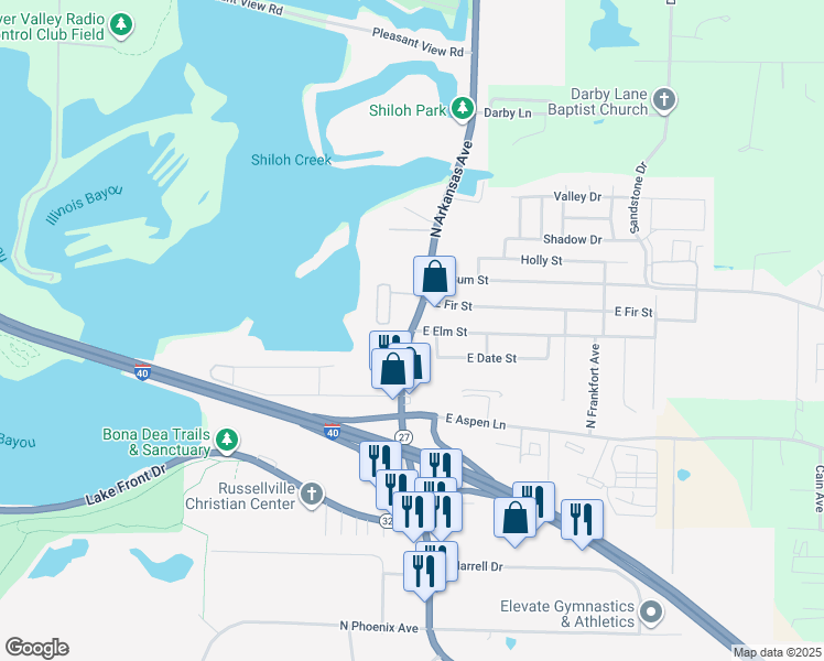 map of restaurants, bars, coffee shops, grocery stores, and more near 2906 North Arkansas Avenue in Russellville