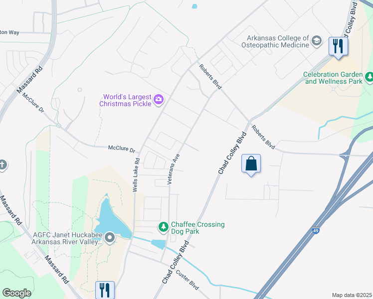 map of restaurants, bars, coffee shops, grocery stores, and more near 7601 Veterans Avenue in Fort Smith