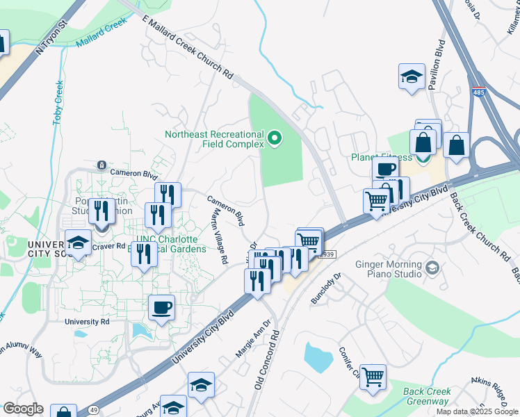 map of restaurants, bars, coffee shops, grocery stores, and more near 1224 John Kirk Drive in Charlotte