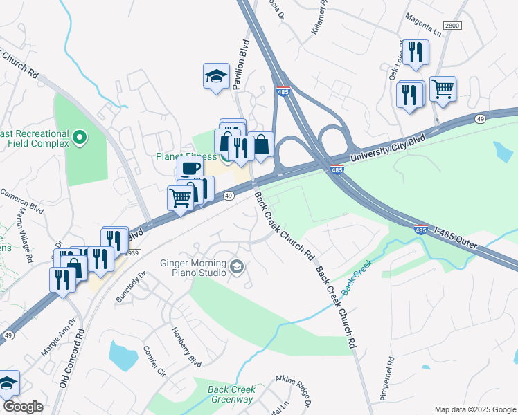 map of restaurants, bars, coffee shops, grocery stores, and more near 1721 Forest Side Lane in Charlotte