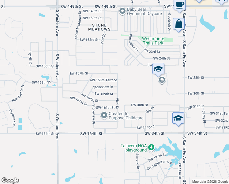 map of restaurants, bars, coffee shops, grocery stores, and more near 517 Southwest 159th Street in Oklahoma City