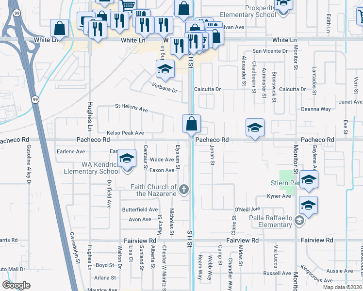 map of restaurants, bars, coffee shops, grocery stores, and more near 4904 Elysium St in Bakersfield