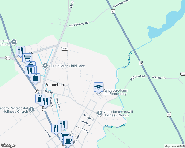 map of restaurants, bars, coffee shops, grocery stores, and more near 635 McLawhorn Lane in Vanceboro