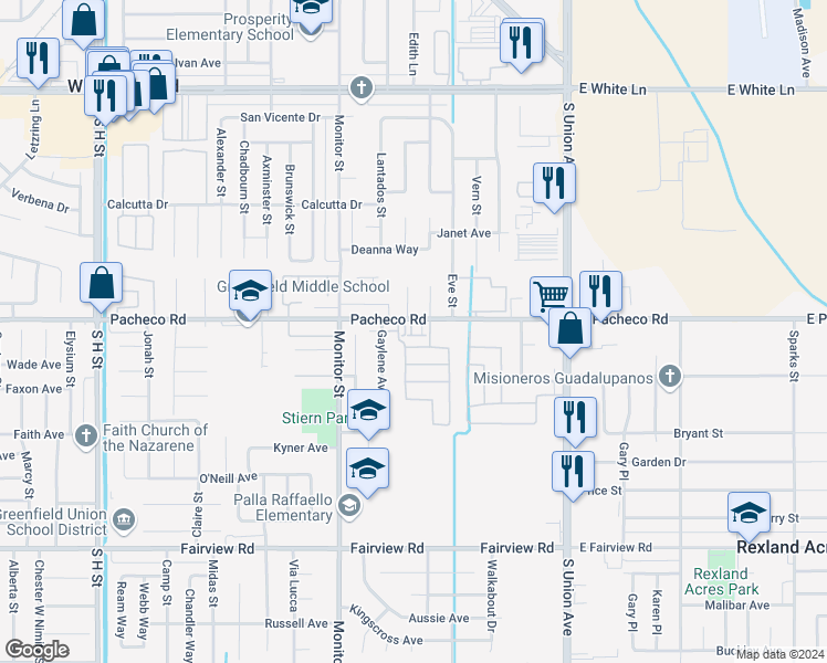 map of restaurants, bars, coffee shops, grocery stores, and more near 651 Pacheco Road in Bakersfield