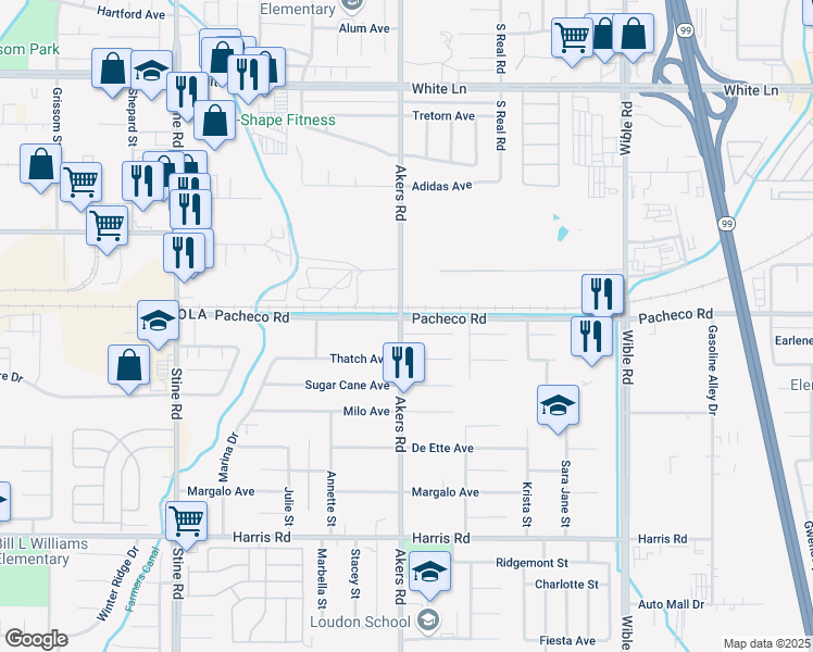 map of restaurants, bars, coffee shops, grocery stores, and more near 4116 Maize Court in Bakersfield