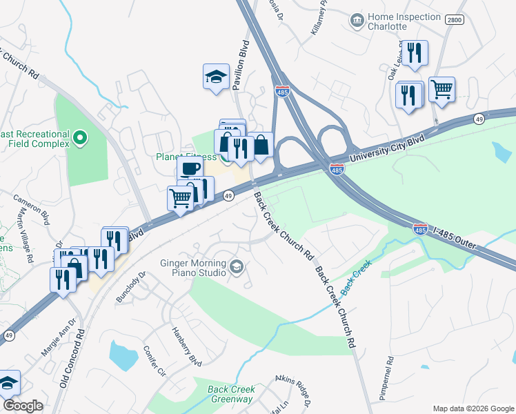 map of restaurants, bars, coffee shops, grocery stores, and more near 1721 Forest Side Lane in Charlotte