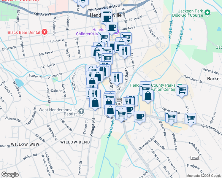 map of restaurants, bars, coffee shops, grocery stores, and more near 447 South Main Street in Hendersonville