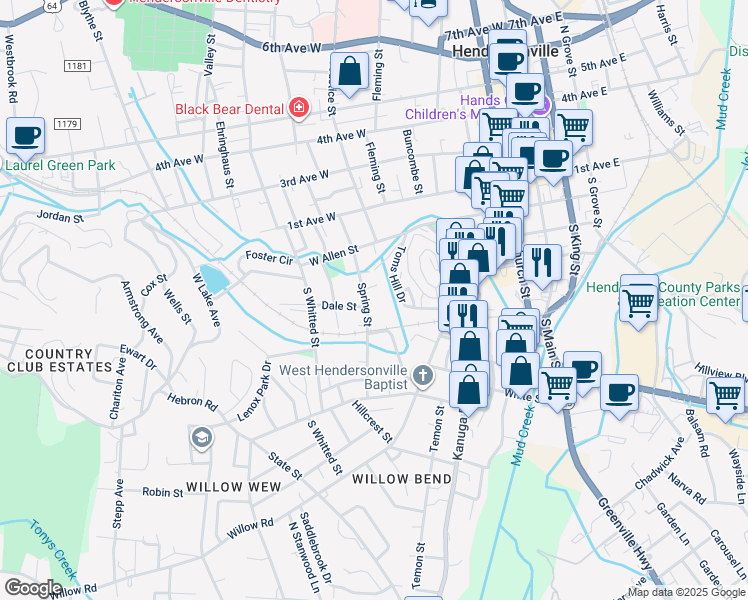 map of restaurants, bars, coffee shops, grocery stores, and more near 319 Spring Street in Hendersonville
