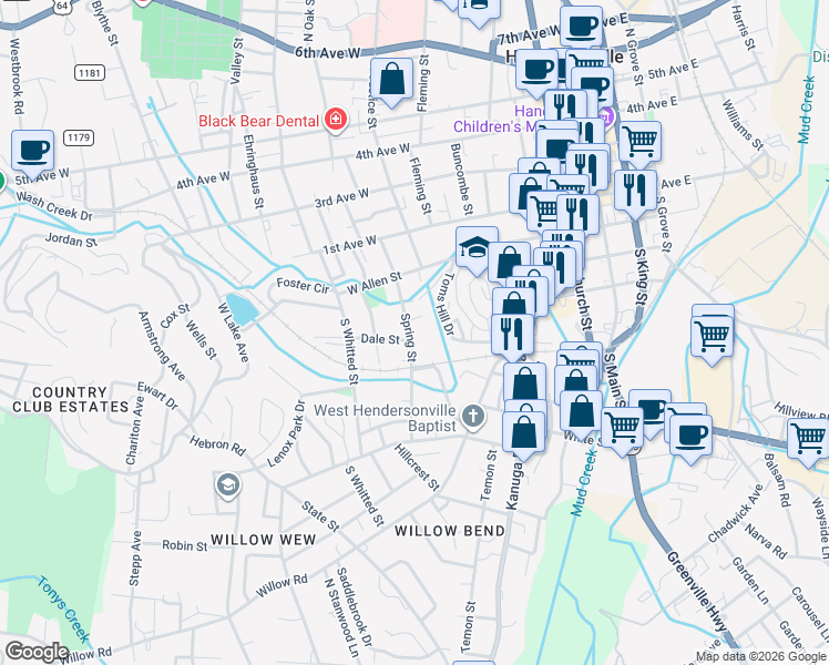 map of restaurants, bars, coffee shops, grocery stores, and more near 319 Spring Street in Hendersonville