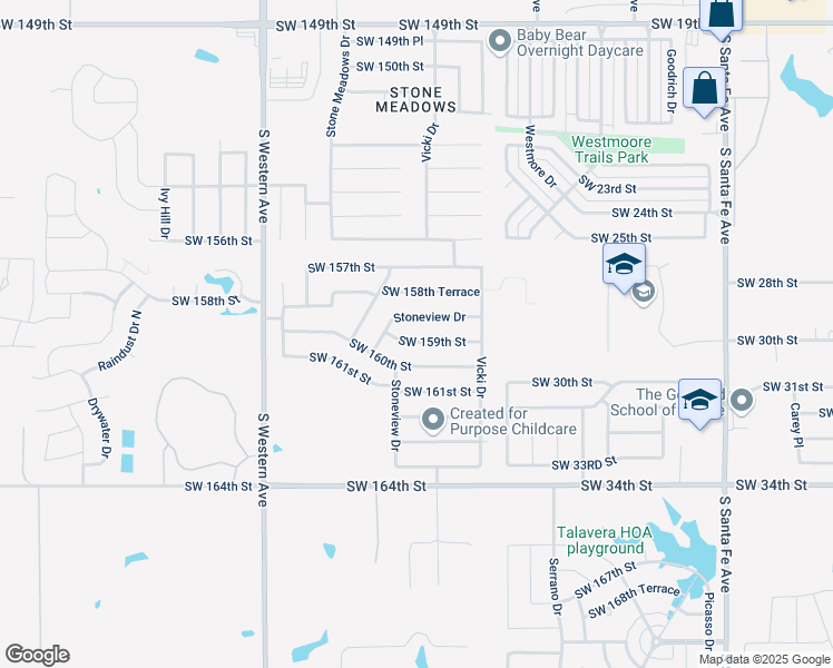map of restaurants, bars, coffee shops, grocery stores, and more near 617 Southwest 159th Street in Oklahoma City