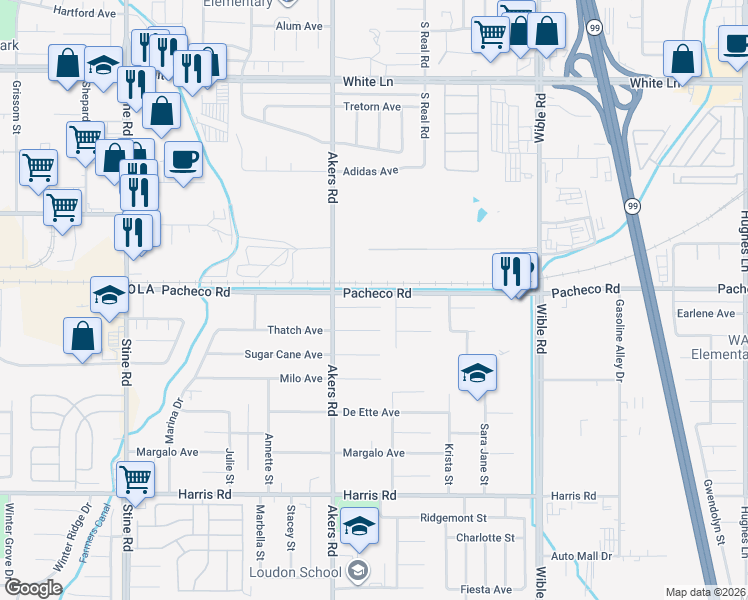 map of restaurants, bars, coffee shops, grocery stores, and more near 4008 Maize Court in Bakersfield