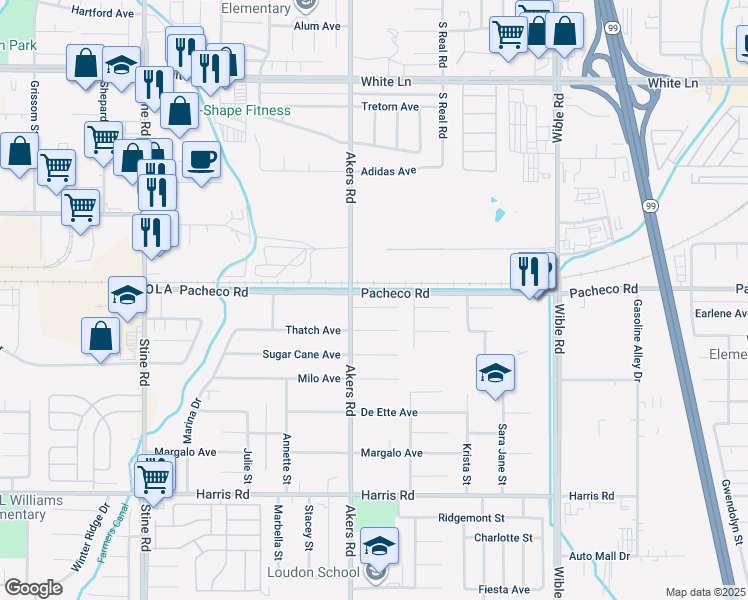 map of restaurants, bars, coffee shops, grocery stores, and more near 4100 Maize Court in Bakersfield