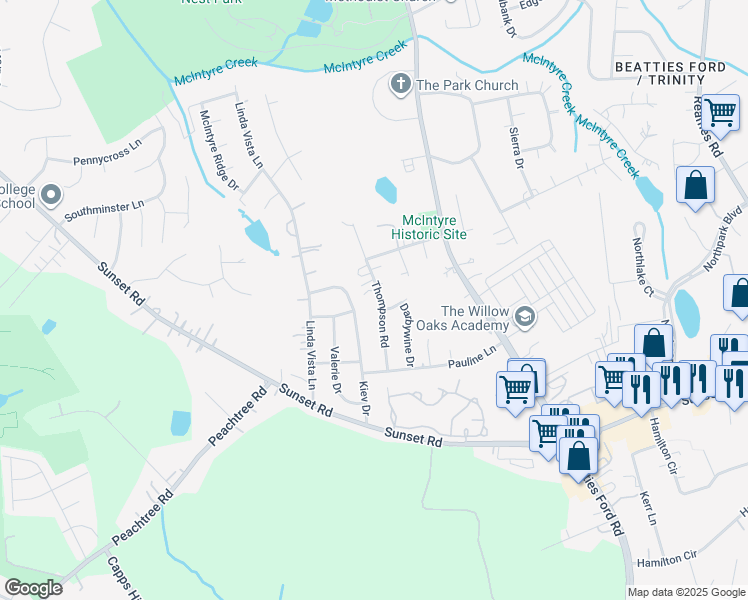map of restaurants, bars, coffee shops, grocery stores, and more near 5701 Thompson Road in Charlotte