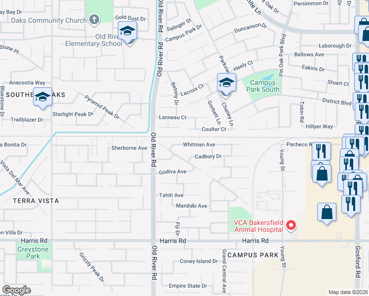 map of restaurants, bars, coffee shops, grocery stores, and more near 9509 Whitman Avenue in Bakersfield