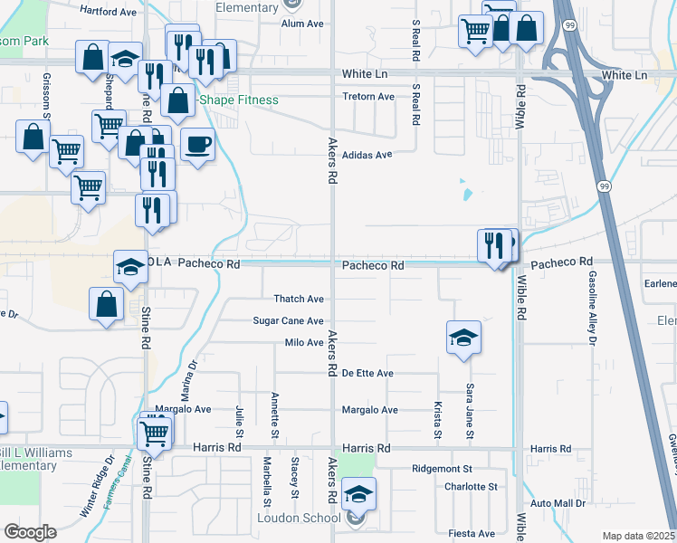 map of restaurants, bars, coffee shops, grocery stores, and more near 4116 Maize Court in Bakersfield