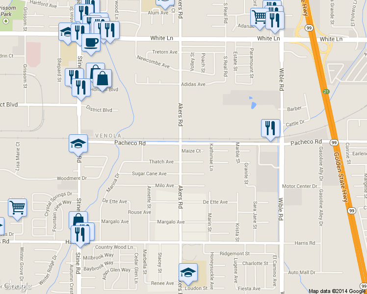 map of restaurants, bars, coffee shops, grocery stores, and more near 4116 Maize Ct in Bakersfield