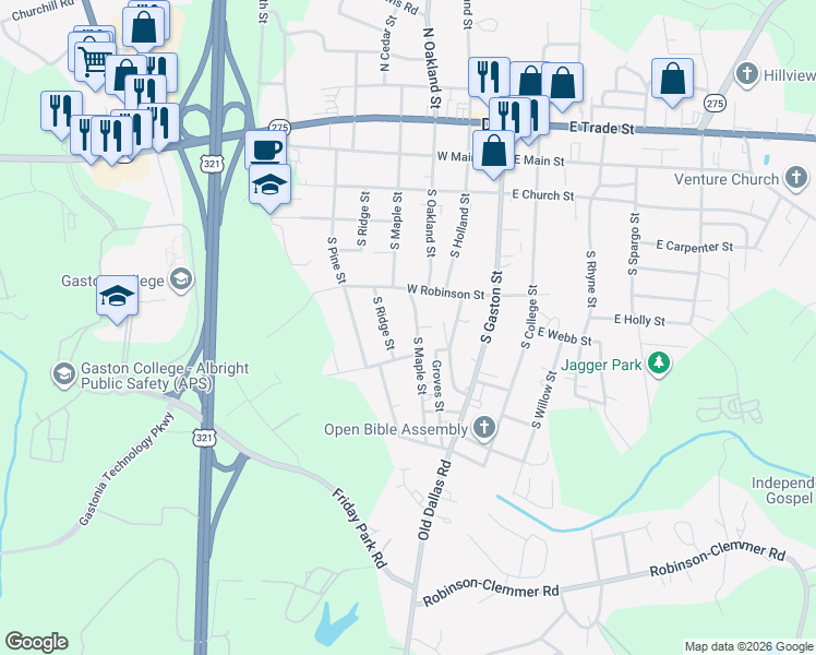 map of restaurants, bars, coffee shops, grocery stores, and more near 420 South Ridge Street in Dallas