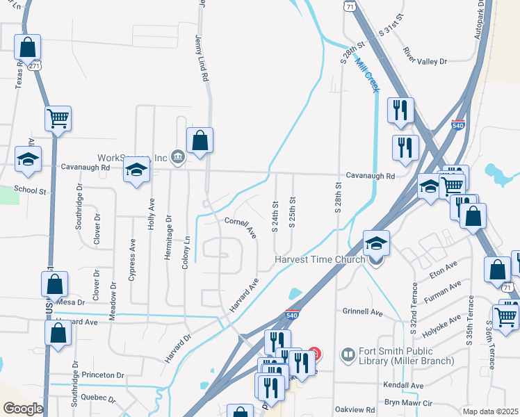 map of restaurants, bars, coffee shops, grocery stores, and more near 205 South 23rd Terrace in Fort Smith