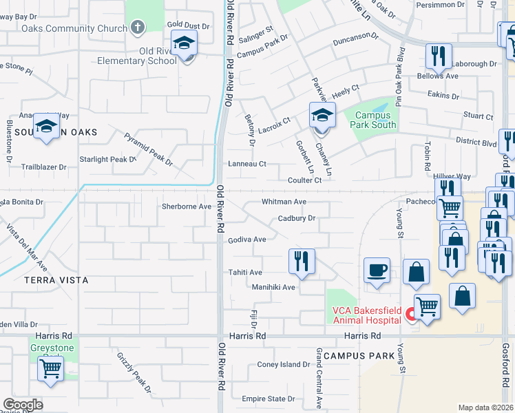 map of restaurants, bars, coffee shops, grocery stores, and more near 9509 Whitman Avenue in Bakersfield