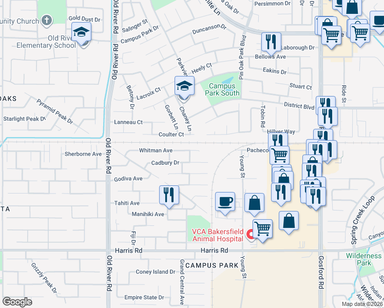 map of restaurants, bars, coffee shops, grocery stores, and more near 9009 Whitman Avenue in Bakersfield