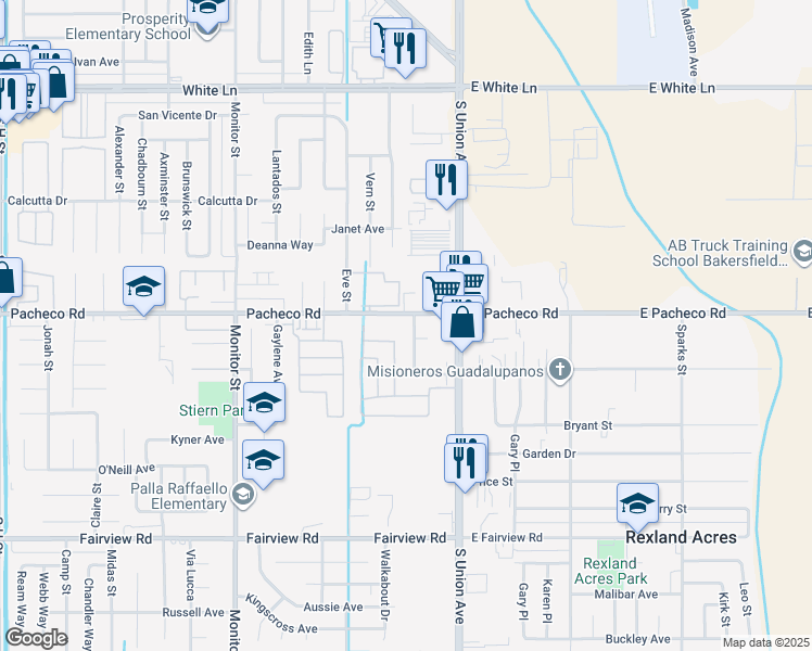 map of restaurants, bars, coffee shops, grocery stores, and more near 4905 Pamela Street in Bakersfield