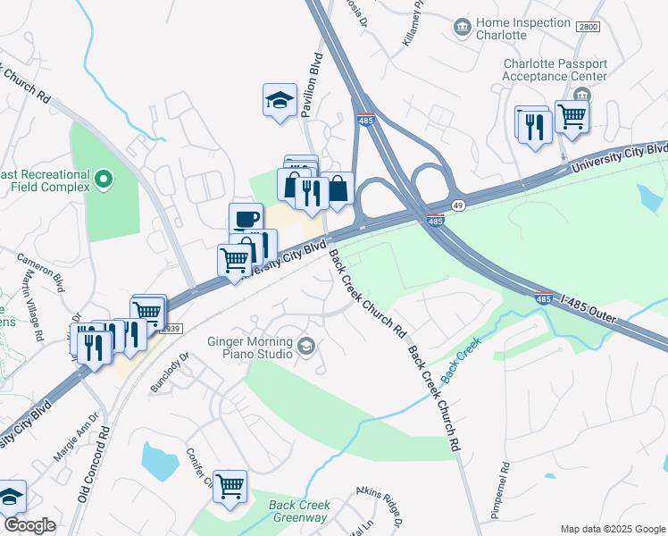 map of restaurants, bars, coffee shops, grocery stores, and more near 1721 Forest Side Lane in Charlotte