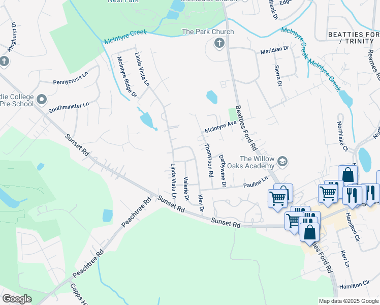 map of restaurants, bars, coffee shops, grocery stores, and more near 5415 Kiev Drive in Charlotte