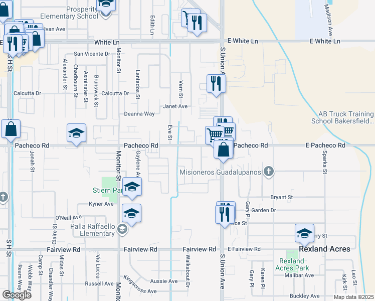 map of restaurants, bars, coffee shops, grocery stores, and more near 4905 Pamela Street in Bakersfield