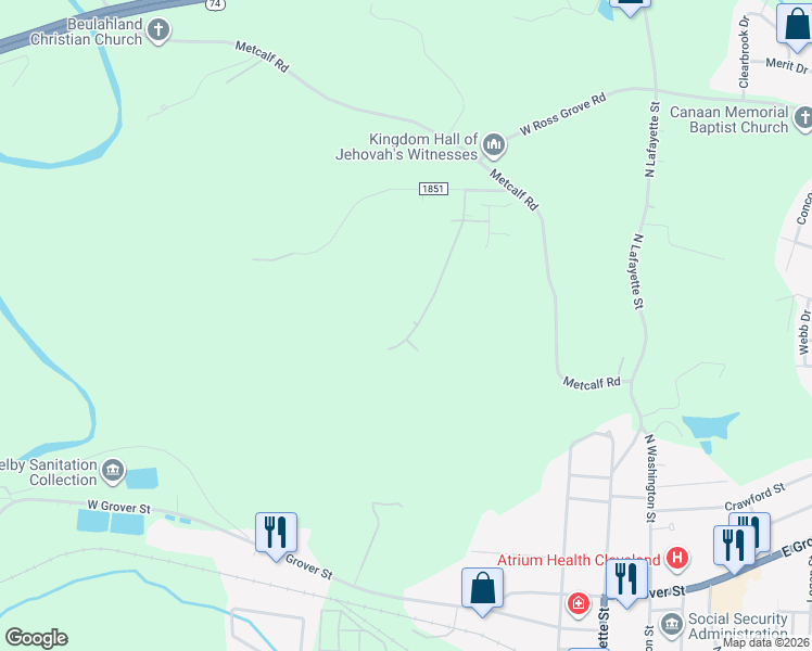 map of restaurants, bars, coffee shops, grocery stores, and more near 1311 Moonshadow Lane in Shelby