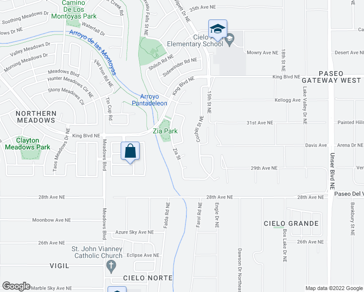 map of restaurants, bars, coffee shops, grocery stores, and more near 3212 San Ildefonso Loop Northeast in Rio Rancho
