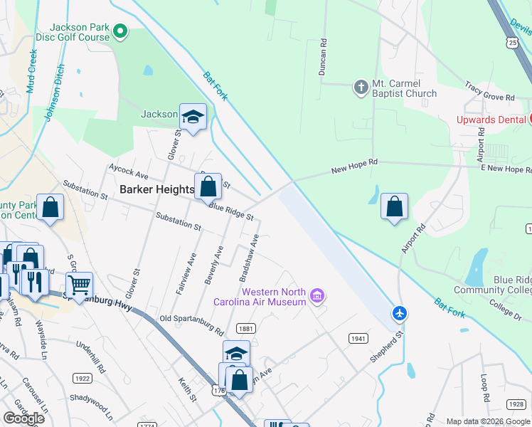 map of restaurants, bars, coffee shops, grocery stores, and more near 462 Blue Ridge Street in Hendersonville