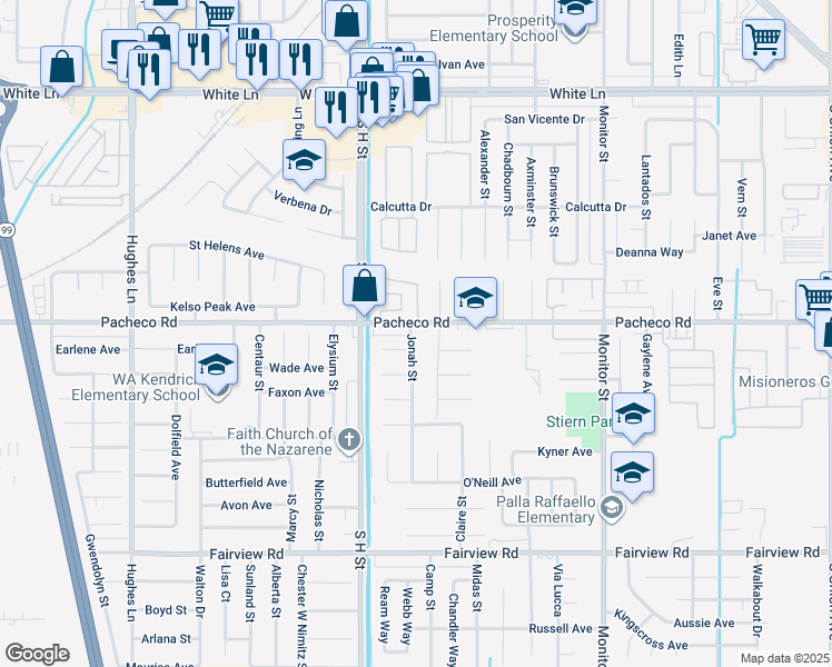 map of restaurants, bars, coffee shops, grocery stores, and more near 4900 Jonah Street in Bakersfield