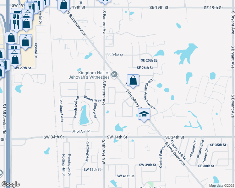 map of restaurants, bars, coffee shops, grocery stores, and more near 2900 Danielle Terrace in Moore