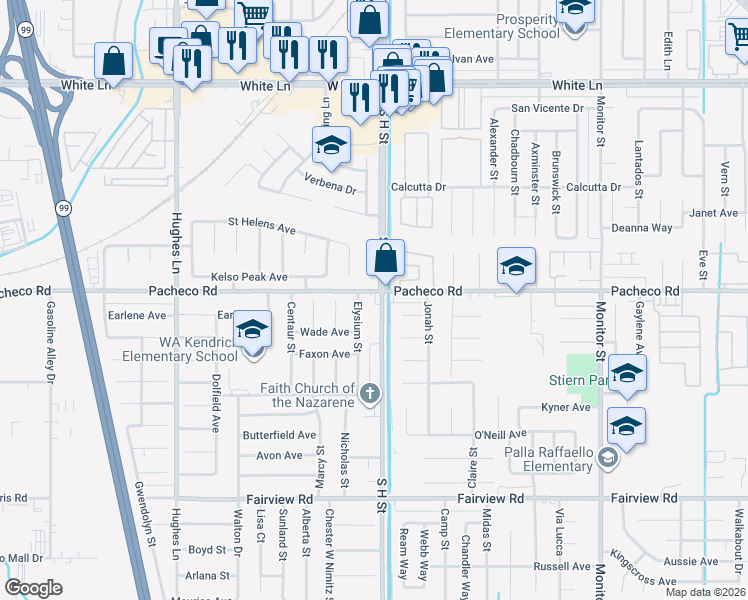 map of restaurants, bars, coffee shops, grocery stores, and more near 4904 Elysium Street in Bakersfield