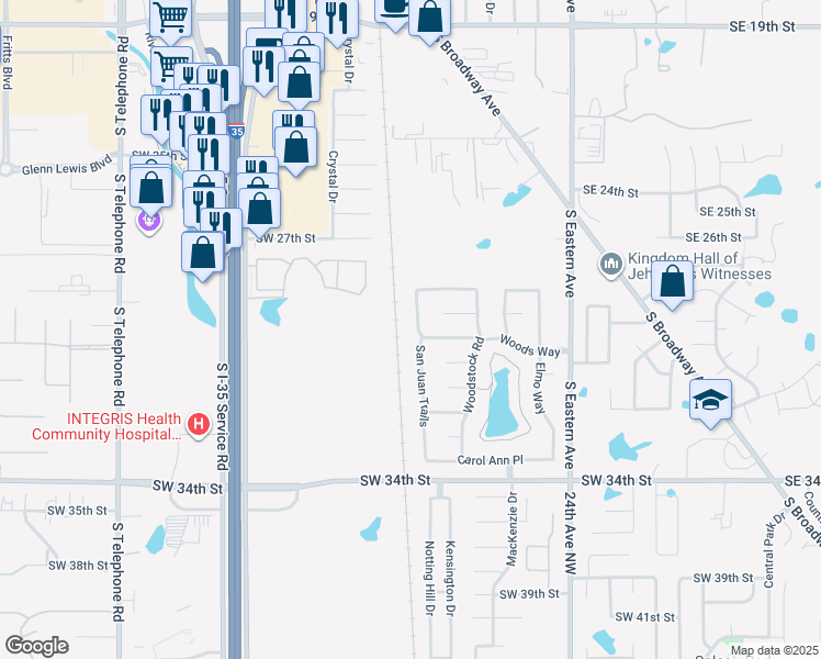 map of restaurants, bars, coffee shops, grocery stores, and more near 3009 San Juan Trails in Moore