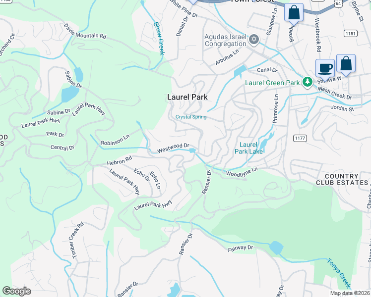 map of restaurants, bars, coffee shops, grocery stores, and more near 129 Westwood Drive in Laurel Park