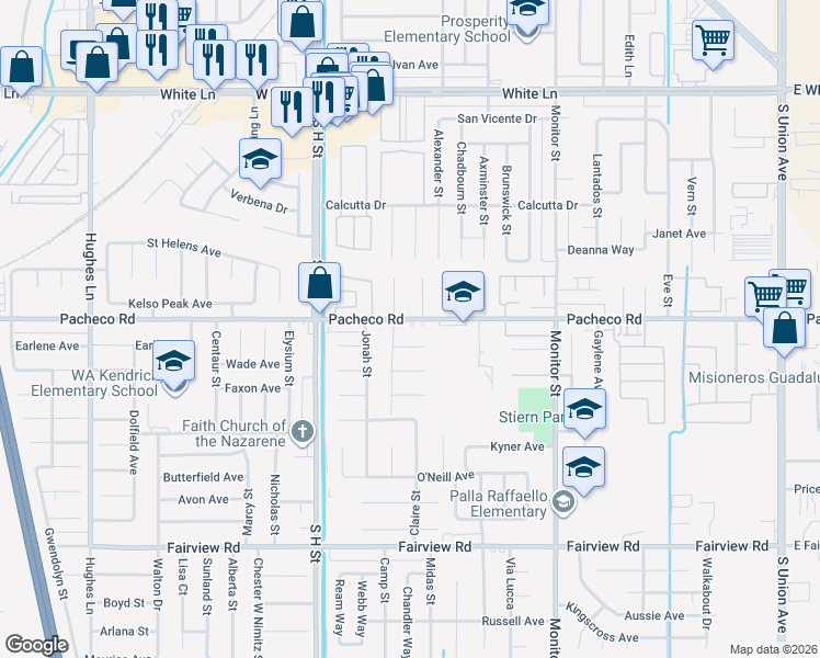 map of restaurants, bars, coffee shops, grocery stores, and more near 1317 Pacheco Rd in Bakersfield