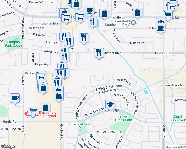 map of restaurants, bars, coffee shops, grocery stores, and more near 7604 Hidden Bridge Drive in Bakersfield