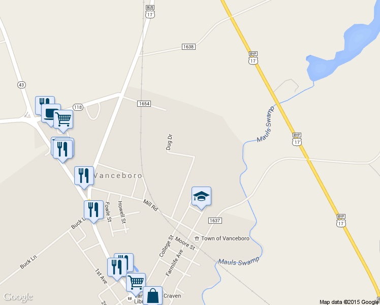 map of restaurants, bars, coffee shops, grocery stores, and more near 635 McLawhorn Lane in Vanceboro