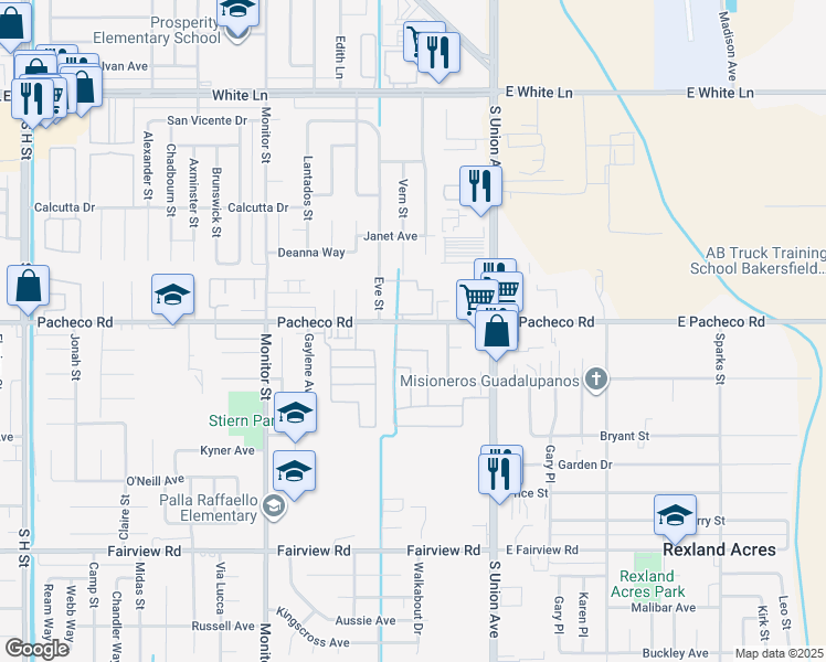 map of restaurants, bars, coffee shops, grocery stores, and more near 4905 Pamela Street in Bakersfield