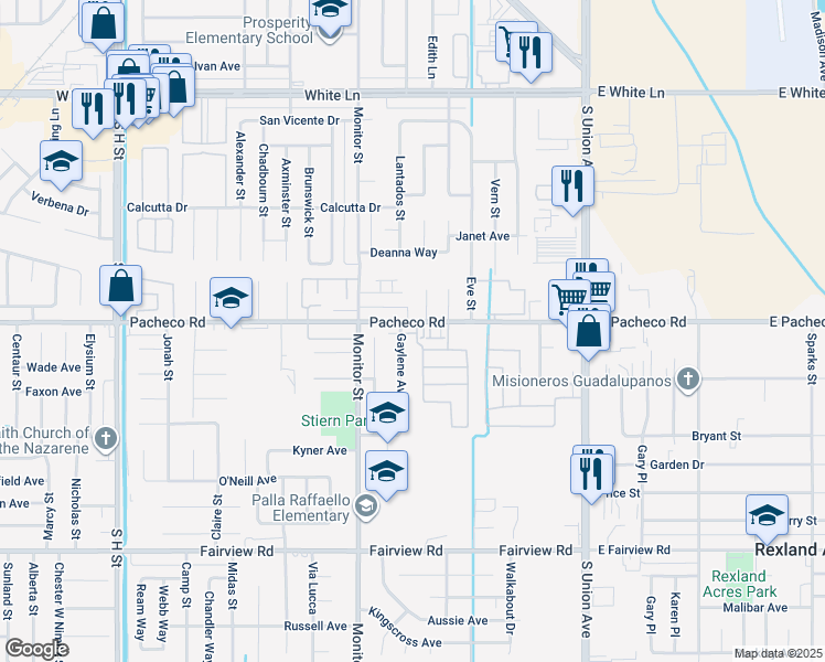 map of restaurants, bars, coffee shops, grocery stores, and more near 705 Pacheco Road in Bakersfield
