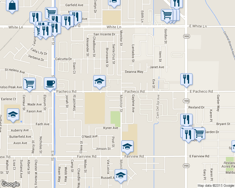 map of restaurants, bars, coffee shops, grocery stores, and more near 917 Pacheco Road in Bakersfield