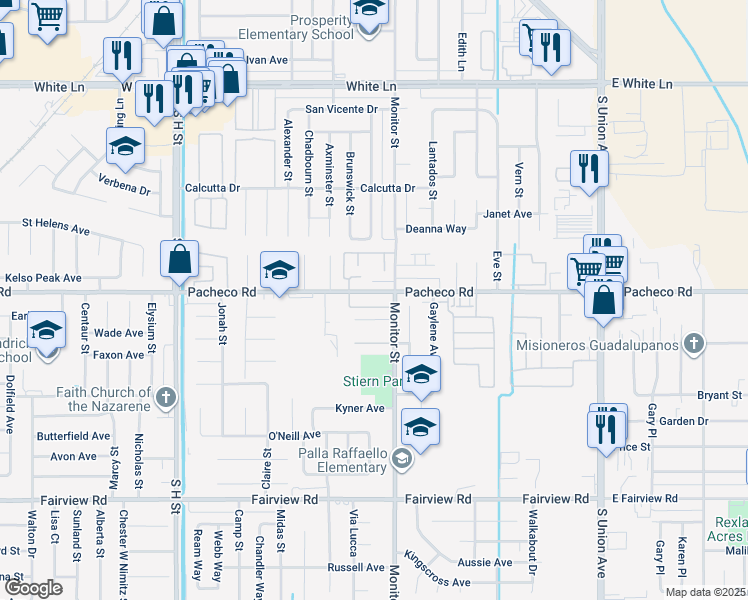map of restaurants, bars, coffee shops, grocery stores, and more near 917 Pacheco Road in Bakersfield