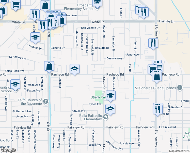 map of restaurants, bars, coffee shops, grocery stores, and more near 917 Pacheco Road in Bakersfield