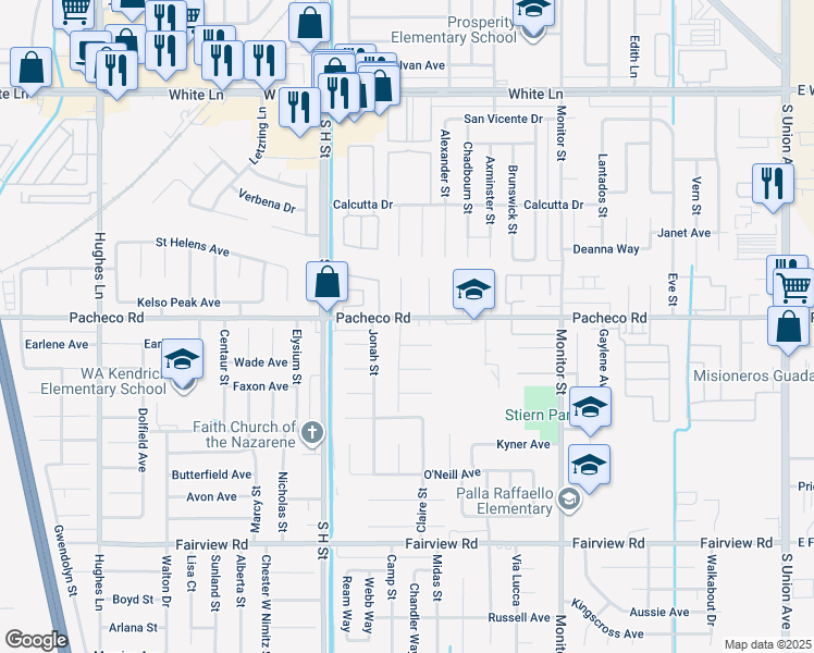 map of restaurants, bars, coffee shops, grocery stores, and more near 1317 Pacheco Road in Bakersfield
