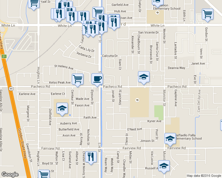 map of restaurants, bars, coffee shops, grocery stores, and more near 4900 Jonah Street in Bakersfield