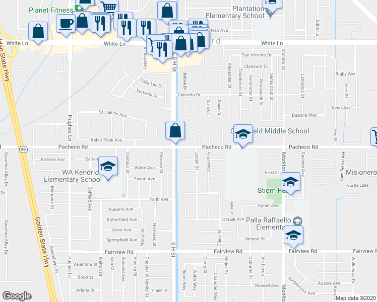 map of restaurants, bars, coffee shops, grocery stores, and more near 1609 Pacheco Road in Bakersfield