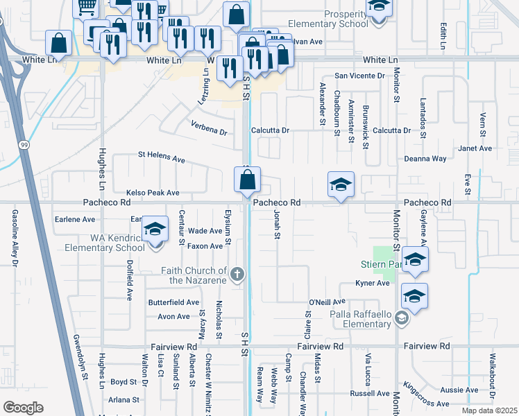 map of restaurants, bars, coffee shops, grocery stores, and more near 1609 Pacheco Road in Bakersfield